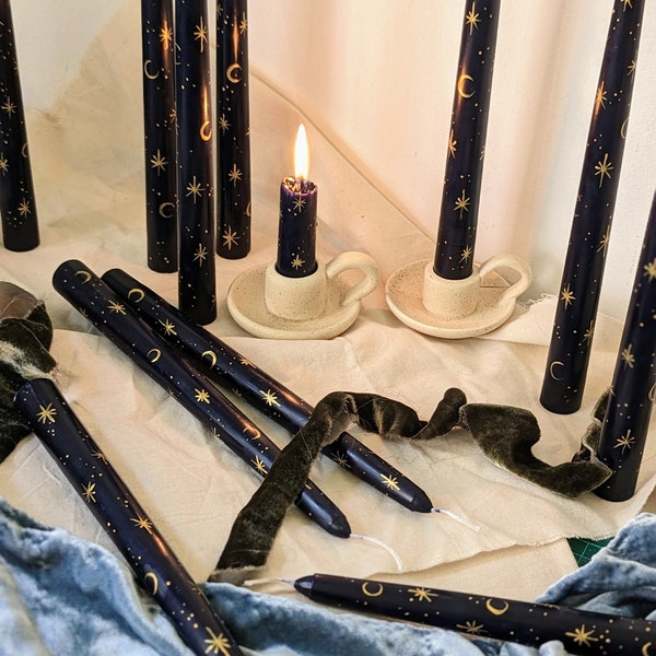 Hand Painted Taper Candle - Dark Blue with Gold Moon and Stars Design - Romantic Wedding Candlesticks