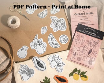 Embroidery PDF Pattern – Printable Stick & Stitch Designs | Orchard Fruits with watermelon | Digital Download for Soluble Embroidery Paper