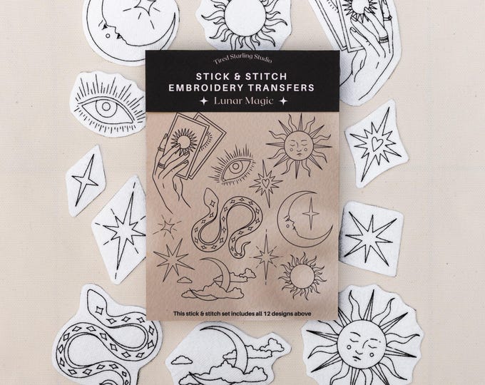 Stick and Stitch Dissolvable Embroidery Designs with Tarot, Celestial Moons, Stars and Suns