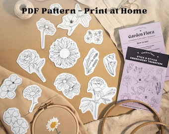 Embroidery PDF Pattern – Printable Stick & Stitch Flower Designs | Garden Florals with rose, daisy, peony, sunflower, lavender  | Digital