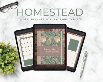 Può includere: Un'app di pianificatore digitale su un iPad con un design a foglie tropicali verdi e marroni. L'app si chiama "Homestead Digital Planner".