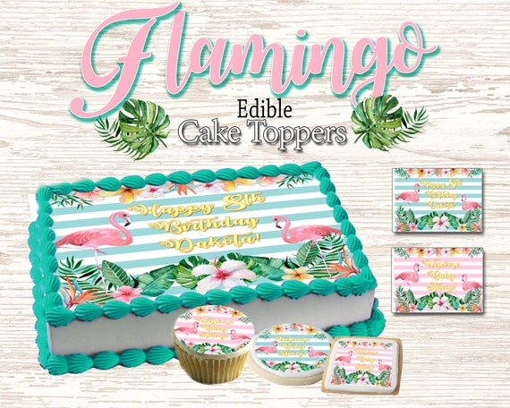 Adornos comestibles para tartas de cumpleaños con flamencos tropicales  Imagen personalizada oblea de azúcar imagen de papel glaseado personalizado  fácil baby shower hojas de aloha -  México