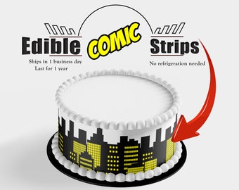 Edible black and yellow comic book city buildings cake wraps and strips. Cartoon silhouettes wrap around sides of cakes