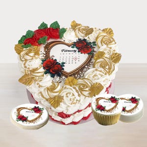 Vintage Valentines day calendar. Edible and heart shaped for cakes, cupcake and cookie toppers. Sugar frosting or wafer burn away paper
