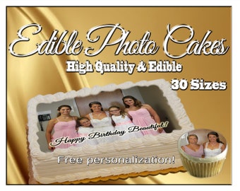 Custom Edible photo cake pictures on frosting paper. Cupcakes cookies toppers photographs decals logos graduation images sugar