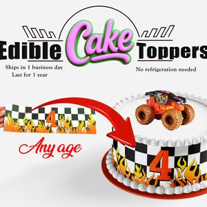 May include: Cake topper featuring a monster truck on a white frosted cake with a black and white chequered pattern and flames. The number 4 is displayed on the cake and a separate banner.