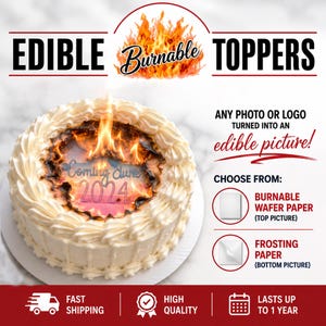 May include: A round cake with white frosting featuring a burnable edible topper that is currently on fire. The center of the topper displays the text Coming June 2024. The image includes text describing edible toppers, burnable wafer paper, and frosting paper.