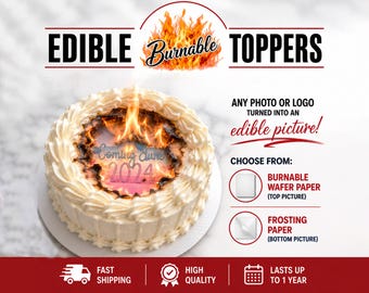 Print your photo onto edible burnaway wafer paper or sugar paper.  Pictures for round shaped cakes.  Graduations, weddings, birthday images