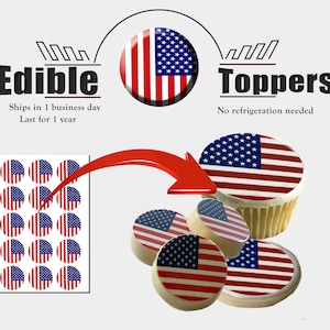 Edible American flag circles for cupcakes, cookies and oreos. Fourth of July, military dessert pictures. Rounds frosting sugar paper.