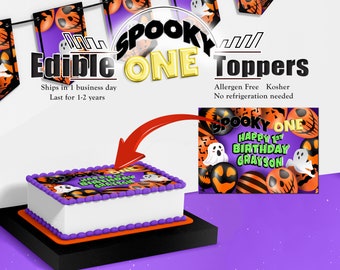 Edible Spooky One Halloween themed sheet cake topper. Images are made from sugar frosting paper.