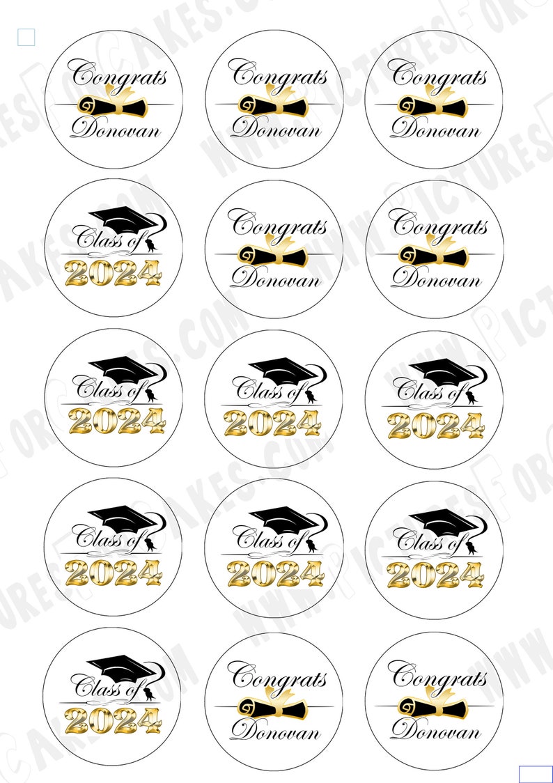 Custom Graduation Class of 2024 edible Cupcake or Oreo Cookie toppers. Frosting sugar paper circles disk Fifteen 2" Rounds inches