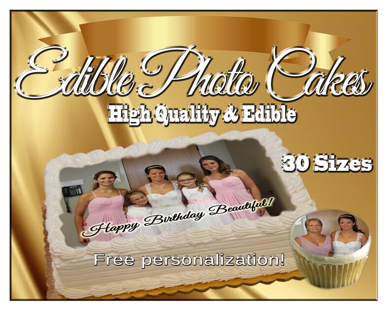 Custom Edible photo cake pictures on frosting paper. Cupcakes cookies toppers photographs decals logos graduation images sugar