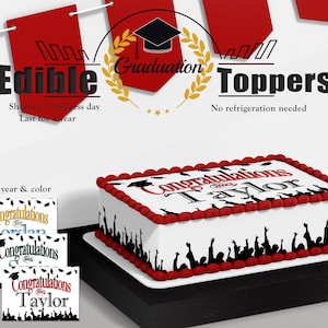 Custom edible 2025 graduation cake topper picture. High school, College, University, Middle School, Elementary sugar frosting sheet image.