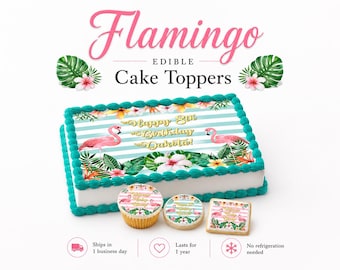 Tropical Flamingo edible birthday cake toppers! Custom picture sugar wafer frosting paper image personalized easy baby shower aloha leaves