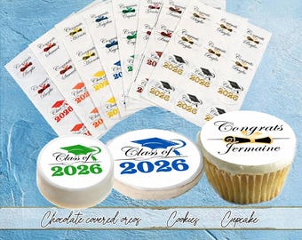 Class of 2026 Custom Graduation edible Cupcake, Oreo or Cookie toppers. Frosting sugar paper circles  red, blue, green, pink, yellow, gold