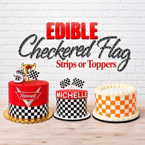 Edible black or orange and white checkered flag cake wraps and strips. For cakes, cupcakes and cookies checkers