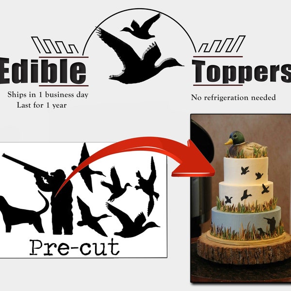 Pre-cut Edible bird duck hunting silhouette pictures. Images are made from sugar frosting paper. Hunter retreiver dog stickers