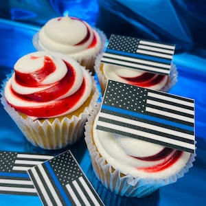 20 Edible Thin Blue line Flag for cupcakes, and cookies. Police officer retirement or promotion party. Made with sugar frosting paper.