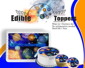 Custom planet solar system Galaxy edible birthday toppers for cakes, cupcakes, cookies. Images printed on sugar frosting paper, sheet