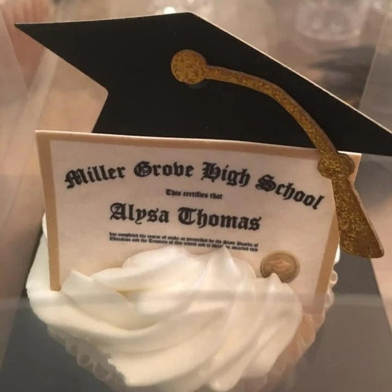 20 Custom Graduation Diplomas edible Cupcake toppers or rice crispy treats. Frosting sugar paper Class of 2024 miniature College High school image 5
