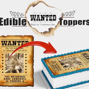 Póster de "Se busca" personalizado para tarta de cumpleaños. Imágenes comestibles de vaquero, "en la cima", para tartas. Hecho con papel glaseado de azúcar.
