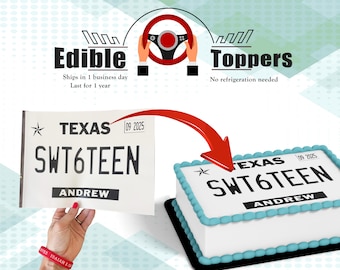 May include: A white cake with blue frosting and a white edible image of a Texas license plate that says "SWT6TEEN" and "ANDREW" with the date "09 2025".