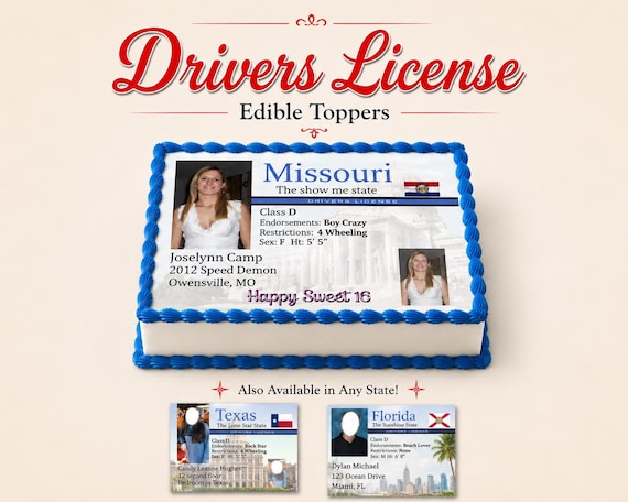 Any state - Sweet Sixteen Drivers license birthday edible cake toppers! Custom topper picture sugar wafer frosting paper images personalized