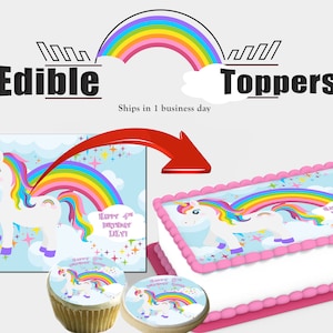 Personalized Unicorn and Rainbows Birthday edible toppers. For sheet and round cakes, cupcakes, cookies. Picture is Sugar frosting paper