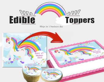 Personalized Unicorn and Rainbows Birthday edible toppers. For sheet and round cakes, cupcakes, cookies. Picture is Sugar frosting paper