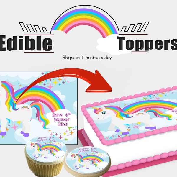 Personalized Unicorn and Rainbows Birthday edible toppers. For sheet and round cakes, cupcakes, cookies. Picture is Sugar frosting paper