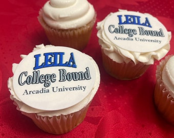 Custom College Bound edible Cupcake or Oreo Cookie toppers. University send off party. Made with frosting sugar paper circles disk images