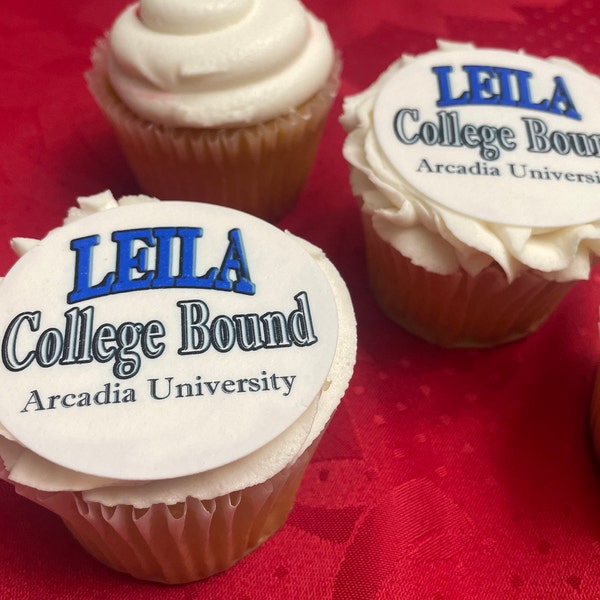 Custom College Bound edible Cupcake or Oreo Cookie toppers. University send off party. Made with frosting sugar paper circles disk images