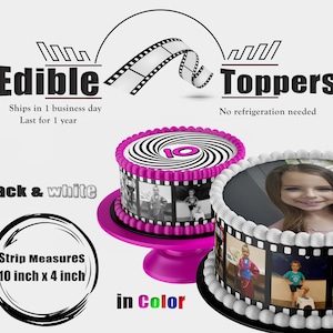 Edible Film strips with photographs for wrapping the sides of birthday cakes. Made with frosting sugar paper and edible ink. Photo reels
