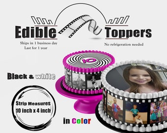 Edible movie Film strips with photographs for wrapping the sides of birthday cakes. Made with frosting sugar paper edible ink. Photo reels