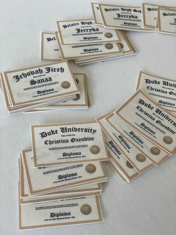 20 Custom Graduation Diplomas Edible Cupcake Toppers or Rice Crispy Treats.  Frosting Sugar Paper Class of 2024 Miniature College High School 