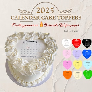 Calendrier 2025 Décoration pour gâteau comestible en forme de coeur. Anniversaires, mariage, Saint-Valentin, glaçage au sucre ou gaufrette en papier
