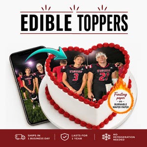 Custom Edible heart shaped photo cake pictures on frosting or burnable wafer paper. Print my graduation, wedding, birthday images sugar