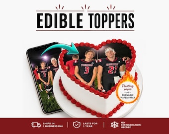 Custom Edible heart shaped photo cake pictures on frosting or burnable wafer paper. Print my graduation, wedding, birthday images sugar