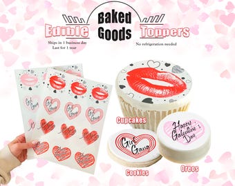 Edible Happy Galentine's day cupcake, cookie and oreo toppers. Valentine's party circle disk made with sugar frosting paper.