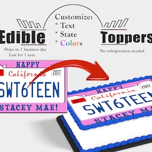 Custom Sweet 16 License plate cake topper. License, permit driver edible cake picture. Made with sugar frosting paper pink