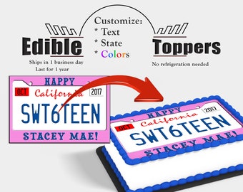 Custom Sweet 16 License plate cake topper. License, permit driver edible cake picture. Made with sugar frosting paper pink