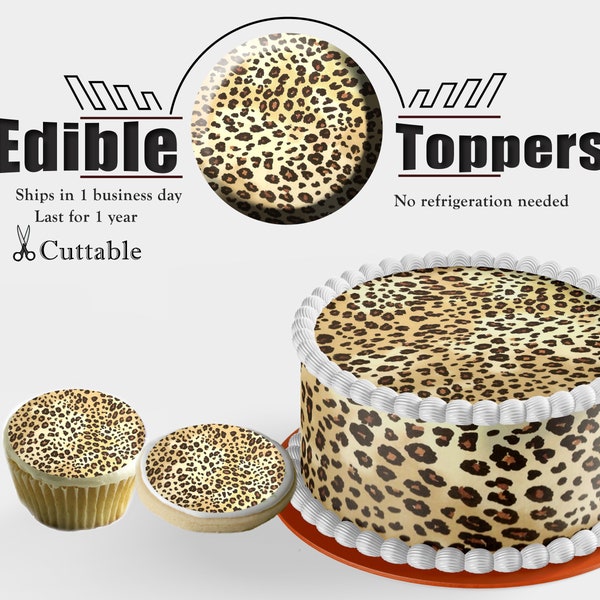 Edible frosting paper. Leopard print pattern for round, sheet cakes, cupcakes and cookies. Sugar paper wraps. strips and tops.