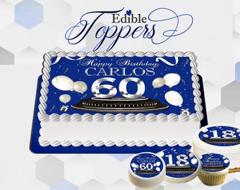 Custom Birthday Blue and silver edible cake topper for cakes, cupcakes, cookies. Images printed on sugar frosting paper, circles or sheets