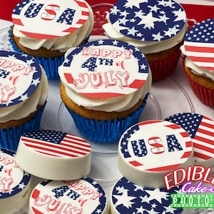 Edible Fourth of July pictures for cupcakes, cookies and oreos. American flag, stars and stripes 4th of July toppers. Sugar, frosting paper