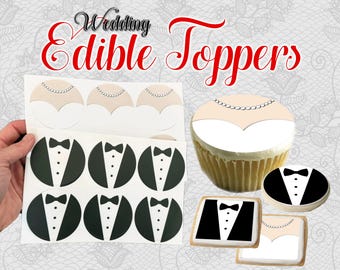 Bride and groom wedding toppers for cupcakes and cookies. Tux and wedding dress. Bridal showers, anniversaries sugar frosting paper circles