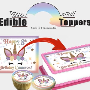 Personalized Unicorn face with hearts Birthday edible toppers. For sheet and round cakes, cupcakes, cookies. Picture is Sugar frosting paper