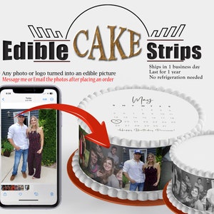 Edible picture strips with photographs for wrapping the sides of round or heart shaped birthday cakes. Photo reels film frosting sugar paper