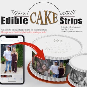May include: Edible cake strips with a photo of a couple on the cake. The cake is decorated with a white frosting and a calendar with the month of May. The text "Happy Birthday Princess!" is written on the cake.