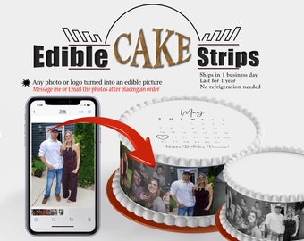 Edible picture strips with photographs for wrapping the sides of round or heart shaped birthday cakes. Photo reels film frosting sugar paper