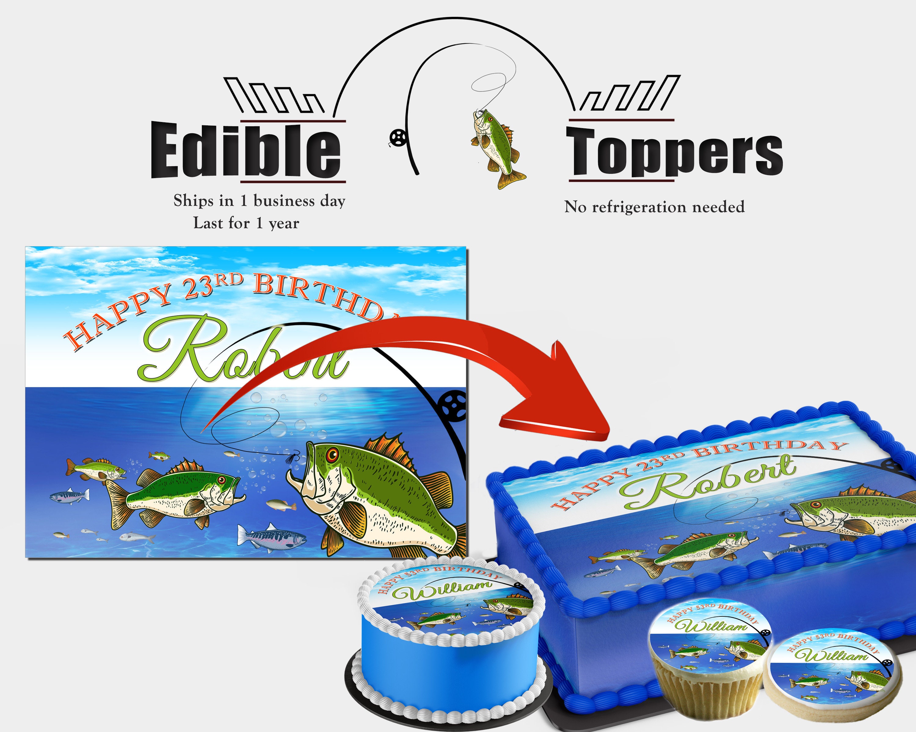 Personalized fishing Birthday cake edible toppers. For sheet, round cakes, cupcakes and cookies. Bass fish sugar picture for a fisherman.